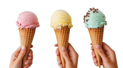 Three hands holding ice cream cones isolated on transparent background