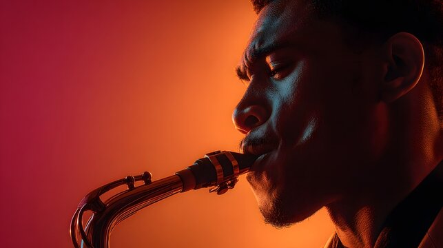 Close up of a jazz saxophonist playing a soulful melody under dramatic neon lights.