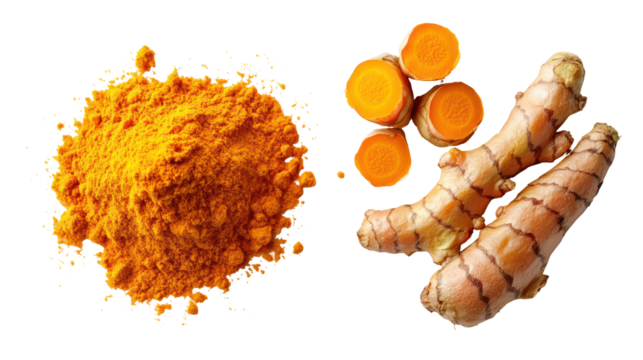 Turmeric powder and root isolated on transparent background