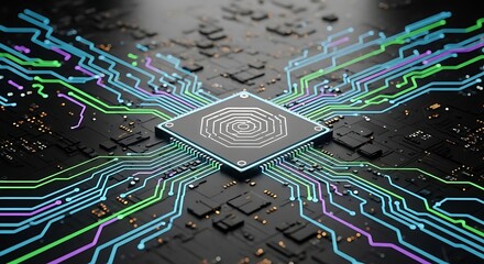 Futuristic digital circuitry with central fingerprint scanner symbolizing advanced technology and data security