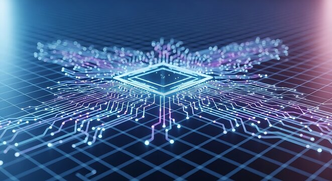 Futuristic digital circuitry and microchip technology glowing with neon blue and pink light representing innovation and advanced computing