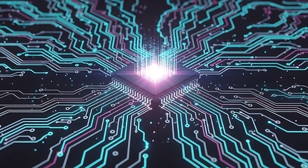 Abstract digital heart circuitry a vibrant glow emanates from a central core surrounded by futuristic blue and pink electronic pathways