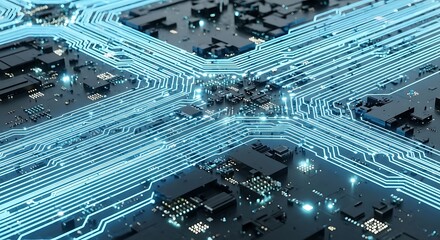 Intricate blue circuitry interconnects on a motherboard symbolizing advanced technology and data flow