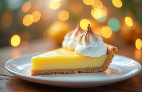 Slice of lemon meringue tart is on plate. Tasty cake with meringue cream on bokeh background. Confectionery serves sweet dessert. Food styling for pastry shop promotes delicious pie.