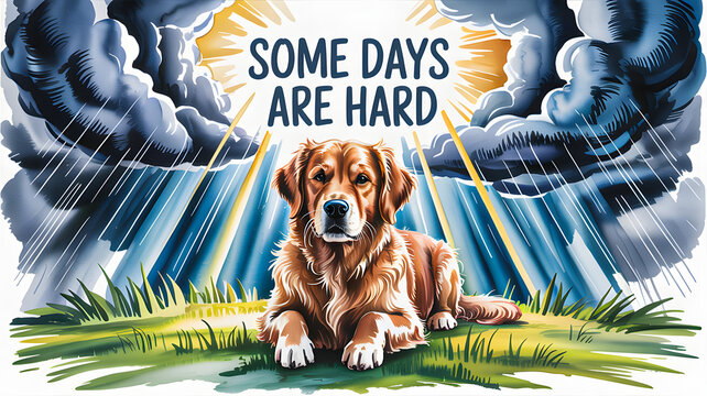 Motivational dog illustration with dramatic clouds and inspiring message
