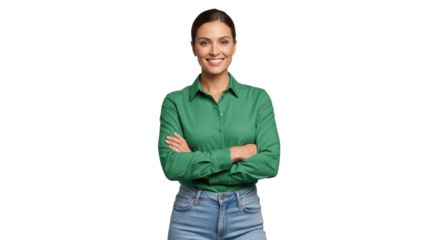 Confident young woman smiling with arms crossed wearing a green shirt and jeans for professional headshot use
