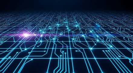 Abstract digital network of glowing blue and purple circuits representing data flow and technological advancement in a futuristic cyberspace