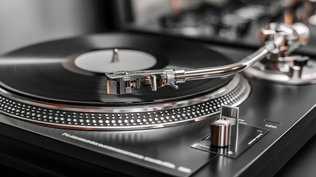 Close up of a modern turntable with a vinyl record playing music.
