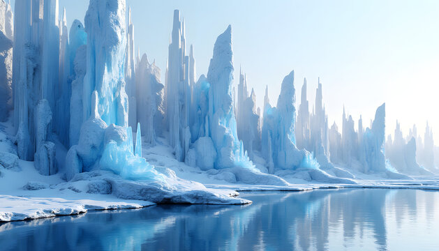 Stunning icy landscape with frozen lake and towering ice formations - Powered by Adobe