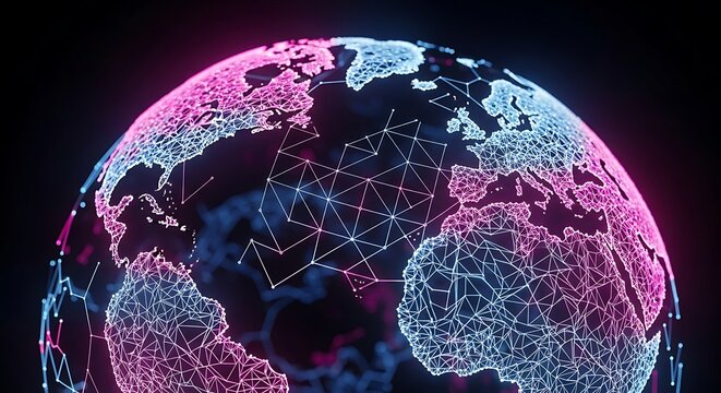 Vibrant digital earth globe illuminated with neon pink and blue network grids against a dark background