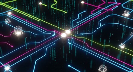 Vibrant abstract digital circuitry with glowing neon lines and futuristic data flow