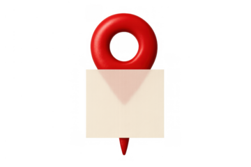 Red map pin or location marker showing a blank paper note, navigation and gps concept with transparent background