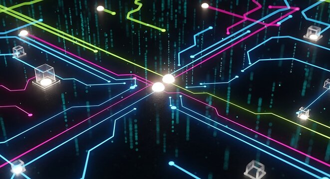 Vibrant abstract digital circuitry with glowing neon lines and futuristic data flow