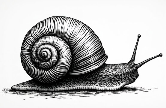 Detailed snail engraving illustration on white backdrop. Features classic lines, vintage style. Suitable for education, biology publications, nature journals. Use for slow life eco awareness projects