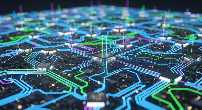 Vibrant abstract network of glowing circuitry and data flow representing digital connectivity and future technology - Powered by Adobe