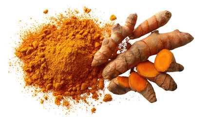 Fresh turmeric roots and powder isolated on transparent background
