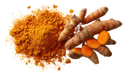 Fresh turmeric roots and powder isolated on transparent background