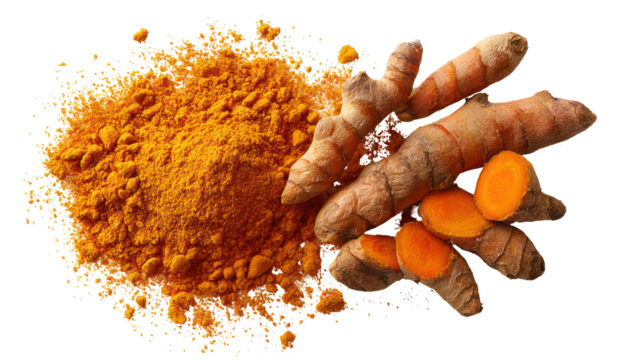 Fresh turmeric roots and powder isolated on transparent background - Powered by Adobe