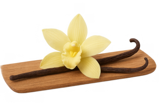 Vanilla bean pods and fresh orchid flower on a wooden board, natural spice ingredient for baking and desserts