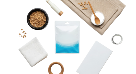 Minimalist Top View Packaging Mockup Product Shot Flat Lay with Natural Ingredients and White Background isolated on Transparent Background