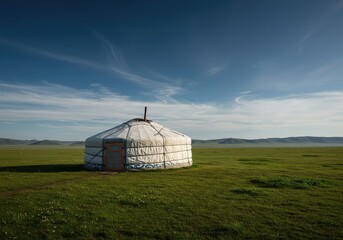 A traditional circular nomadic felt dwelling, known as a yurt or ger, positioned on an expansive green grassland plain beneath a massive open sky ,yurt ,summer ,dwelling