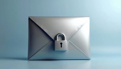 Silver envelope with metal padlock critical data security. Digital mail communication private, well protected. Important information remains confidential, safe, locked from unauthorized access.