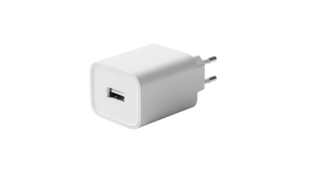 Generic White USB Power Adapter Wall Charger Product Shot isolated on Transparent Background