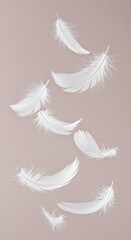 A weightless group of white feathers falls rapidly against a soft background, showing dynamic motion blur and ethereal movement ,background ,nature ,spirituality