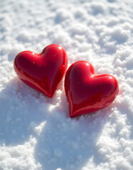 Fototapeta premium Two red hearts resting on a bed of fresh, white snow on a sunny day