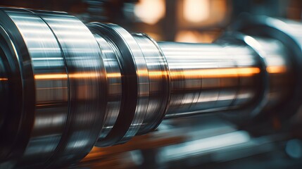 Close up of a precision machined rotating steel shaft in an industrial factory setting.
