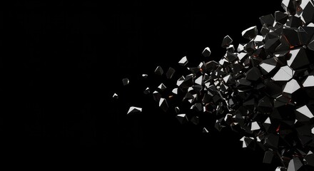 Abstract dark background with dynamic geometric shards breaking apart, illustrating concepts of digital disruption and chaotic movement ,complexity ,disintegrate ,surface