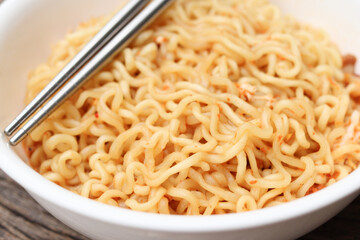 Spicy instant noodles on bowl