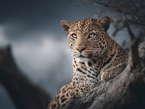 Majestic leopard resting gracefully on a tree branch, showcasing its stunning spotted coat and piercing gaze.