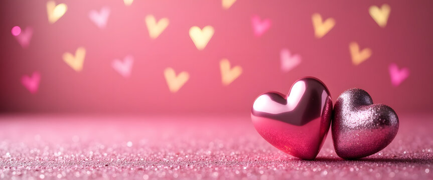 Romantic Valentine's Day background with two hearts and bokeh lights