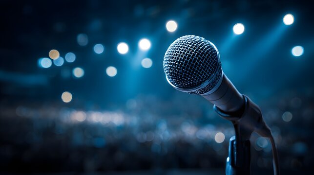 Close up of a professional microphone on a stage with blue lighting for a live concert performance.