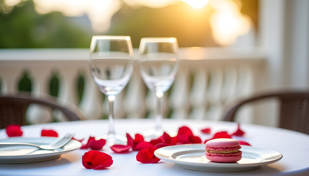 Romantic table setting with wine glasses, rose petals, and a macaron - Powered by Adobe