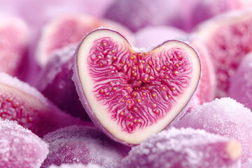 Background of frozen figs with a heart-shaped slice. Advertisement for frozen berries and fruits. 