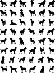 Fototapeta premium Collection of diverse dog silhouettes featuring various breeds, poses, and stances designed for pet graphics, branding, patterns, decorations, and vector illustration projects