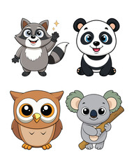 cute animal vector, adorable raccoon cartoon, raccoon cute illustration, raccoon character design, panda cute cartoon, baby panda vector, panda illustration set, owl cute cartoon, adorable owl vector,