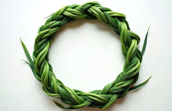 Green sweetgrass braided into a circle lies on white surface. This circular braid evokes nature, spirituality, and well being. Also useful for herbalism and eco concepts.
