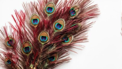 Obraz premium A beautiful bouquet of vibrant red peacock feathers isolated on a white background.
