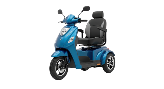 Modern Blue Three-Wheeled Electric Mobility Scooter Vehicle Product Shot isolated on Transparent Background
