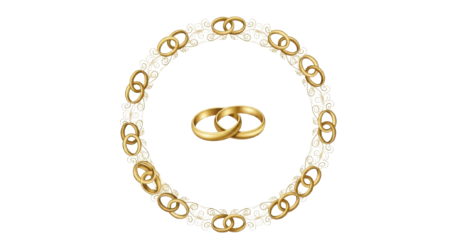 Elegant Golden Wedding Rings with Interlocking Chain Circle Frame Illustration isolated on Transparent Background