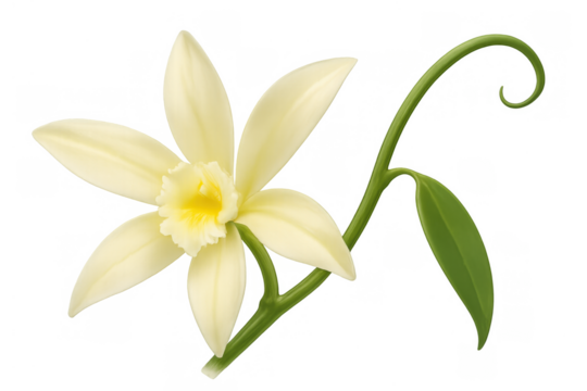Vanilla orchid flower blooming with stem and green leaf, symbolizing natural flavor essence and sweet aroma, transparent background