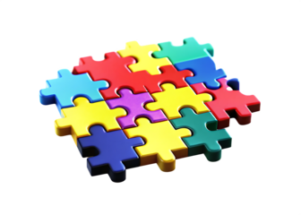 Colorful interlocking puzzle pieces forming a larger shape isolated on white background