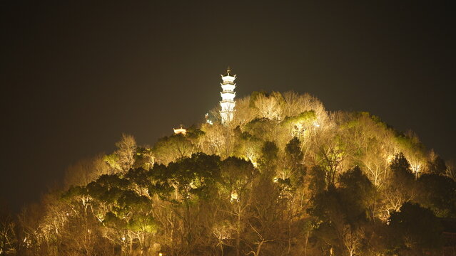 The beautiful old Chinese town view with the lights on at night