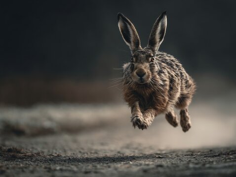 Dynamic action shot of a wild brown hare captured mid-jump, gracefully leaping through the air with incredible agility and speed in its natural habitat.