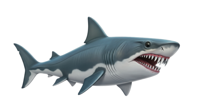 Detailed realistic illustration of a fearsome Great White Shark swimming with open mouth isolated on Transparent Background
