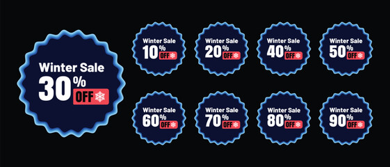 Winter sale tags set. 10%, 20%, 30%, 40%, 50%, 60%, 70%, 80%, 90% off discount. Price tag badge and label design. Special offer sign. Discount badge shape. Vector design.