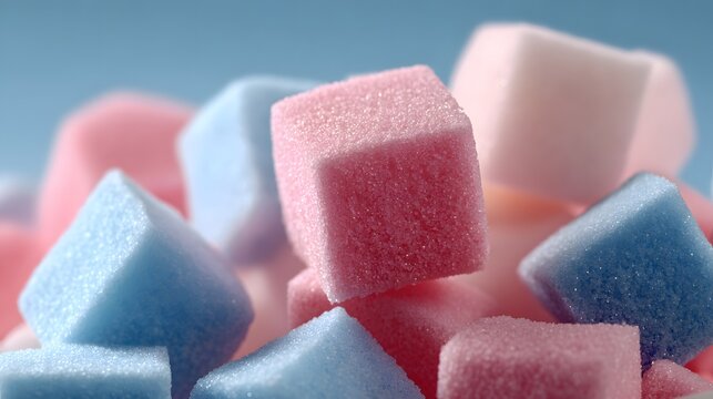 Close up of colorful pastel marshmallows against a light blue background.